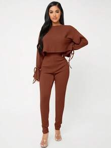 SHEIN SXY Solid Knot Cuff Tee & Leggings - Coffee Brown - View 4