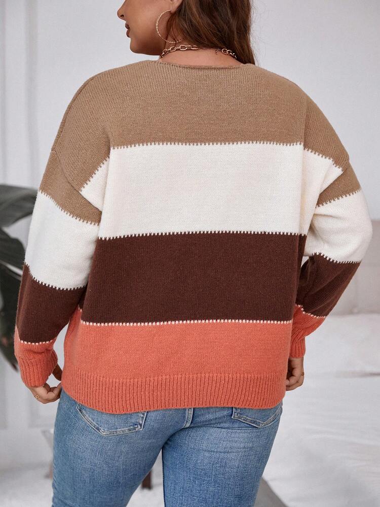 Plus Color Block Drop Shoulder Sweater