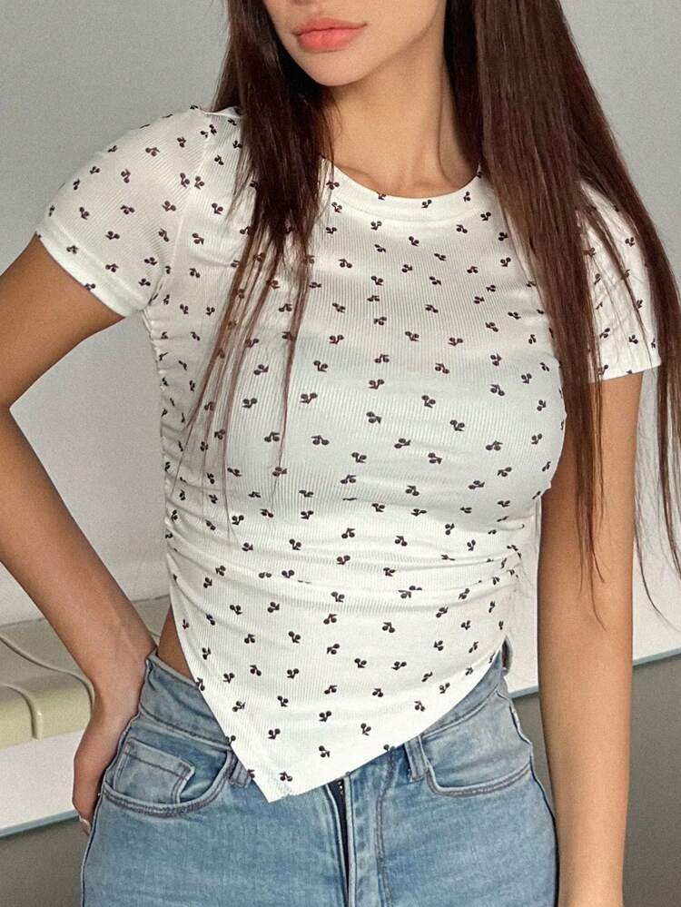 Allover Cherry Print Ruched Side Asymmetrical Hem Tee Floral