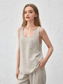 Leisure Natural Linen Comfy & Breathable Khaki Front Pocket Tank Top