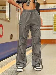 Pantalones parachute de cintura con cordón - Gris - Ver 5