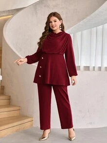 Mulvari Burgundy Red Plus Draped Collar Lantern Sleeve Top & Pants - Burgundy - View 6