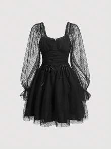 SHEIN MOD Contrast Mesh Ruched Bustier Dress - Black - View 1