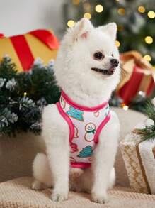 Maryam Alam Artist 1pc Pink Cute Printed Pet Vest Suitable For Cats And Dogs, Featuring Snowman, Christmas Tree And Candy Prints - Multicolor - View 3
