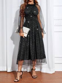 Contrast Sequin Mesh Overlay Flounce Sleeve Dress - Black - View 5