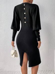 SHEIN Clasi Nút Quay lại Tay áo Tách đùi Đầm Áo len - Màu xanh hải quân - Xem 2