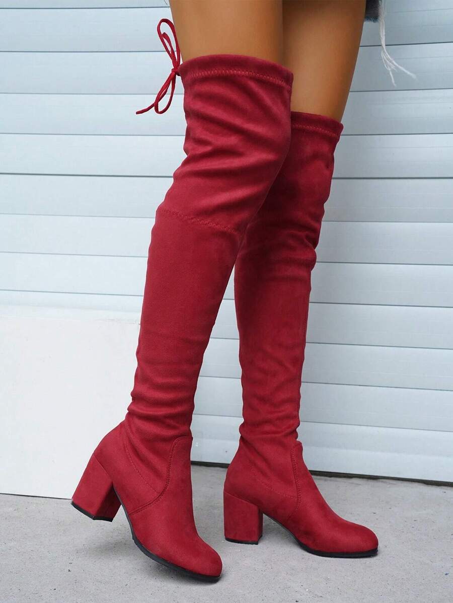 Ladies' Fashionable Over The Knee Tight Boots With Chunky Heel - Red - View 1