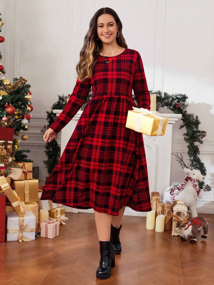 SHEIN LUNE Christmas Plus Plaid Print A-Line Dress - Multicolor - View 1