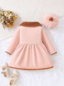 Baby Girl Double Breasted Borg Collar Coat & Hat - Pink - View 2