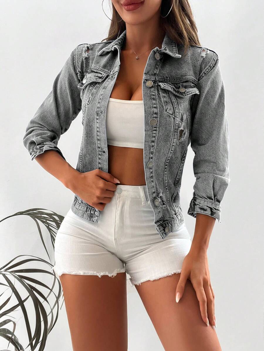 RueChic Flap Pocket Button Front Denim Jacket - Light Grey - View 1