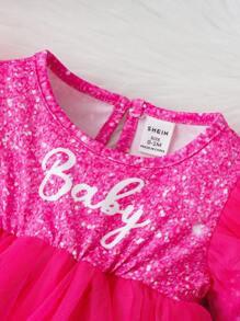 SHEIN Baby Girl Letter Graphic Ruffle Trim Mesh Overlay Dress - Hot Pink - View 3