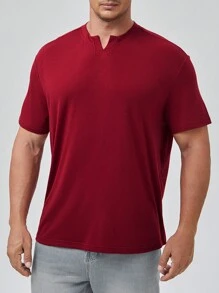 Manfinity Homme 男士大码缺口領T恤 - 酒紅色 - 查看 1