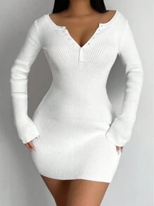 Zolique 一字肩前紐扣緊身毛衣洋裝 - 白色 - 查看 1