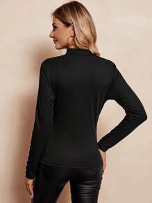 SHEIN Clasi Studded Detail Mock Neck Tee - Black - View 2