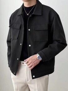 Manfinity Homme 男士翻蓋口袋落肩袖夾克 - 黑色 - 查看 5