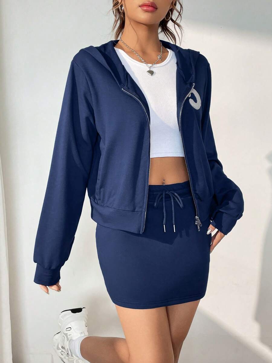 SHEIN EZwear Đã vá Áo Zip Up Hoodie & Eo dây rút Váy - Màu xanh hải quân - Xem 1