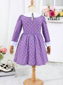 SHEIN Young Girl Allover Print Contrast Collar Dress - Mauve Purple - View 2