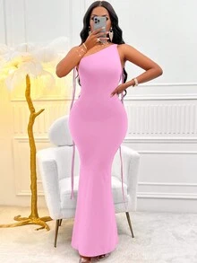 SHEIN SXY Cà vạt vai Không lưng Xù Không lưng Nàng tiên cá Hem Váy Dây - Màu Hồng baby - Xem 3