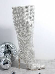 SHUZIA Rhinestone Detail Thigh High Boots - Silver - View 4