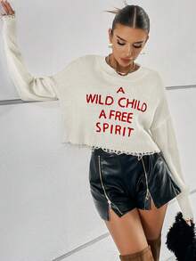 SHEIN Essnce 標語圖案落肩仿舊毛衣 - 白色 - 查看 3