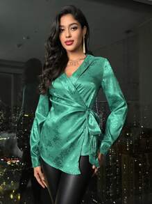 Allurite 花卉圖案提花側打結圍裹女士襯衫 - 綠色 - 查看 1