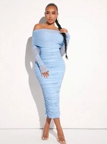 SHEIN SXY Prom Dress;Off Shoulder Ruched Mesh Bodycon Dress,Pastel Dresses For Women
