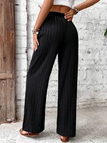 SHEIN LUNE 褶皺前打結闊腿褲 - 黑色 - 查看 2