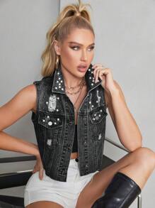 Flap Pocket Ripped Denim Vest Jacket