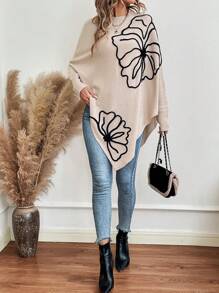 EMERY ROSE Floral Pattern Batwing Sleeve Asymmetrical Hem Sweater,Long Sleeve Tops