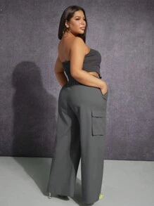 SHEIN SXY 大碼側翻蓋口袋闊腿褲 - 灰色 - 查看 5