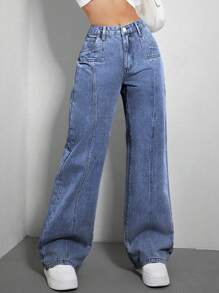 SHEIN EZwear 闊腿牛仔褲 - 深色水洗藍 - 查看 5