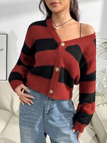 SHEIN Unity 女式V领条纹图案前扣休闲长袖开衫 - 彩色 - 查看 6