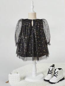 SHEIN Đứa bé gái In Sao Váy lưới che phủ - màu đen - Xem 2