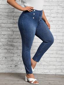 SHEIN LUNE Plus High Waist Button Detail Skinny Jeans - Medium Wash - View 2