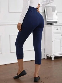 EMERY ROSE 純色高腰捲邊袢下擺打底褲 - 藍色 - 查看 2