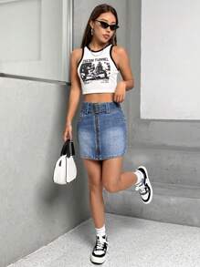 SHEIN EZwear Váy denim có dây kéo - Rửa tối - Xem 4