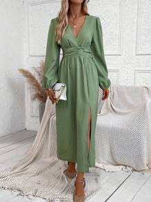 SHEIN Clasi Lantern Sleeve Split Thigh Dress - Army Green - View 3