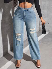 破洞直筒牛仔褲 - 深色水洗藍 - 查看 1