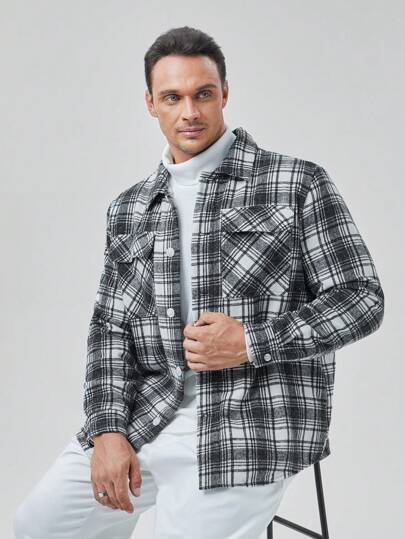 Manfinity VCAY Manteau ample à imprimé à carreaux avec rabat de poche pour homme, pour l'automne et l'hiver