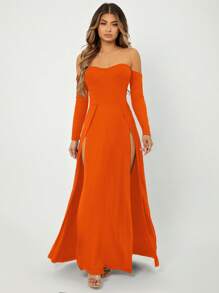 SHEIN SXY Off Shoulder M-slit Thigh Solid Dress - Orange - View 1