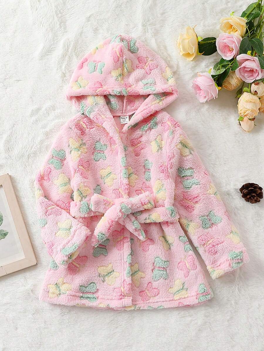 Cô Gái Trẻ Hình Bướm áo có mũ Thắt lưng Flannel ÁO choàng mặc nhà - Hồng - Xem 1