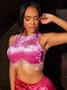 SHEIN SXY Rhinestone Fringe Trim Crop Tank Top - Hot Pink - View 3