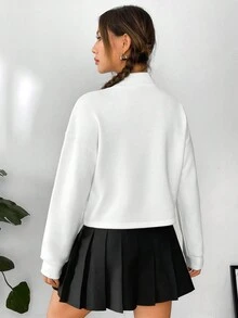 SHEIN Qutie 標語圖案小高領落肩袖運動衫 - 白色 - 查看 2