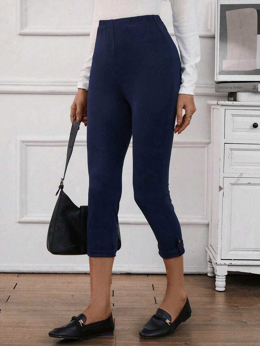 EMERY ROSE 純色高腰捲邊袢下擺打底褲 - 藍色 - 查看 1