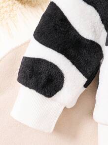 SHEIN Young Girl Cow Pattern Teddy Sweatshirt & Pants - White - View 3