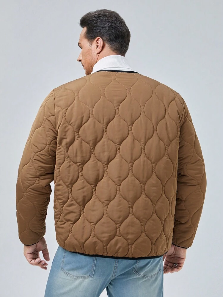 Men Plus Size Letter Patched Contrast Binding Quilted Coat, For Fall Winter