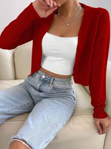 Flirla 1 件纽扣前 V 领开衫，适合新年衣服，长袖上衣 - 紅色 - 查看 3