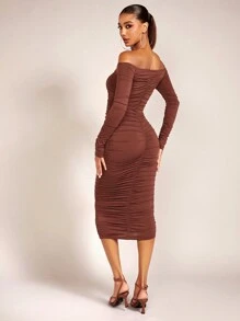 SHEIN BAE Off Shoulder Cut Out Ruched Front Bodycon Dress - Brown - View 2