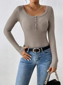 SHEIN PETITE Nút Nửa Đồ đan Ribbed Áo thun - Xám - Xem 3