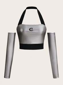 SHEIN ICON 字母貼布金屬質感繞頸短上衣帶袖子 - 彩色 - 查看 2